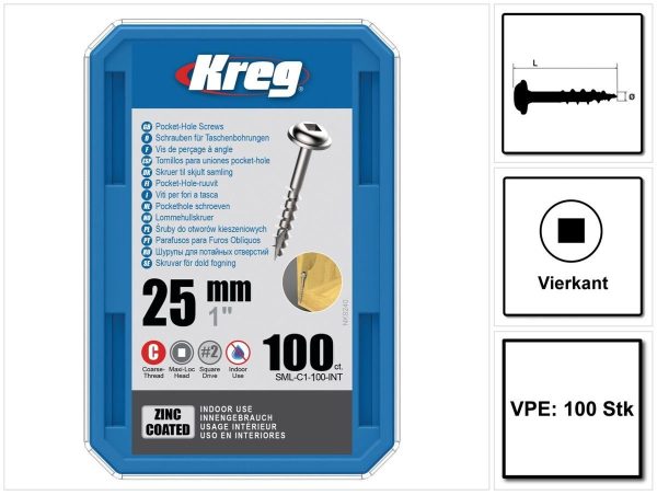 kreg-schraube-kreg-pocket-hole-zylinderkopfschraube-25-mm-100-stk-sml-c1-100-vierkantantrieb-teilgewinde-grobgewinde-selbstschneidend-verzinkt-S0W2501H